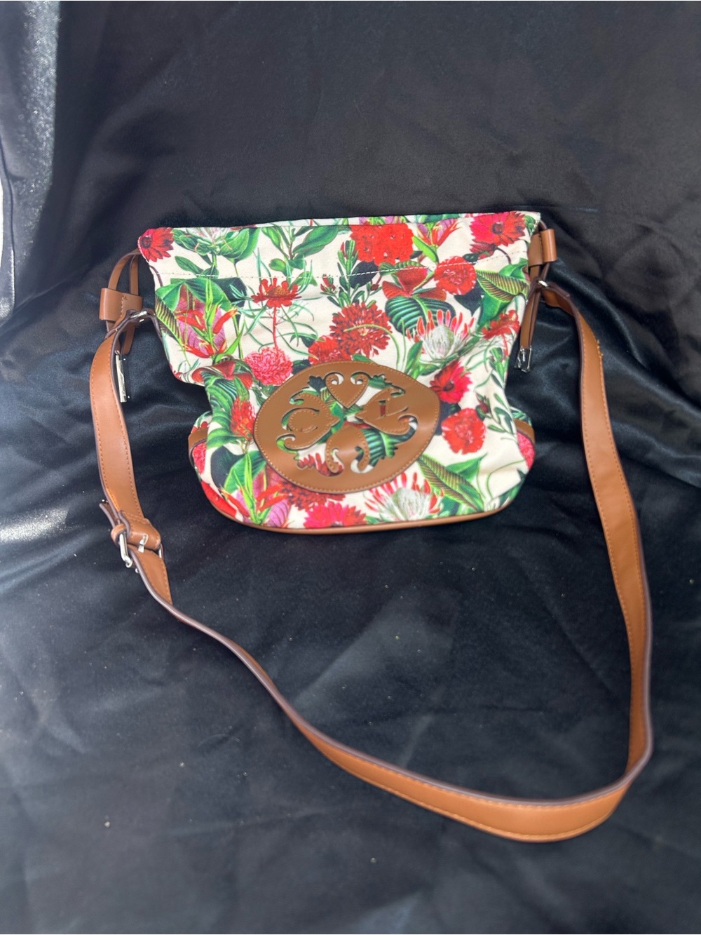 Cristian Lacroix Floral Canvas Crossbody Bag with Brown Leather Trim